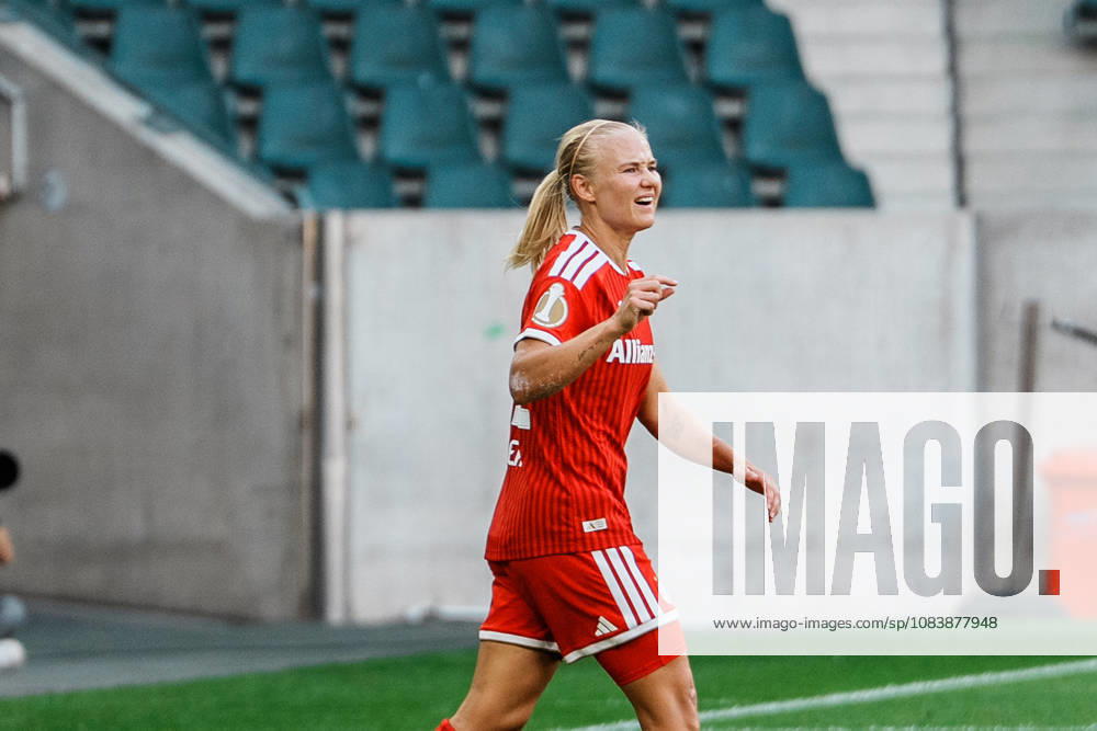 Germany, Soccer: 2026–2027 DFB Women s Cup, First Round: Borussia Mönchengladbach vs. FC Bayern Munich; at Borussia Park; Pernille Harder (Bayern Munich) reacts after a scoring chance, header, close-up