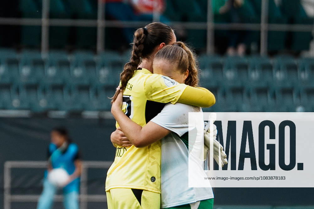 Germany, Soccer: 2026–2027 DFB Women s Cup, First Round: Borussia Mönchengladbach vs. FC Bayern Munich at Borussia Park—Emotions, Luisa Palmen (Borussia Mönchengladbach), 23, Mia Giesen (Borussia Mönchengladbach), 19, after the loss—Grief, Emotion, Defeat