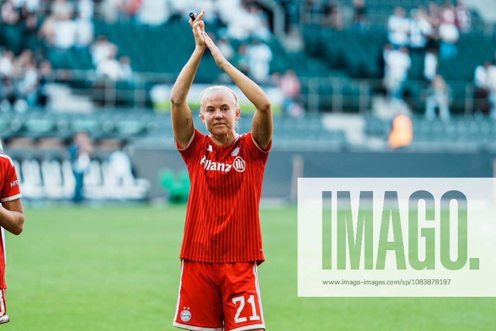 Germany, Soccer, 2026–2027 DFB Women s Cup, First Round: Borussia Mönchengladbach vs. FC Bayern Munich at Borussia Park; Bayern celebrates with fans, victory, cheering, celebration, fans, win, emotions, applause for Pernille Harder of Bayern Munich, 21
