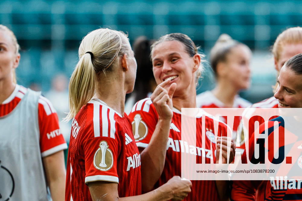 Germany, Soccer: 2026–2027 DFB Women s Cup, Round 1: Borussia Mönchengladbach vs. FC Bayern Munich at Borussia Park; Bayern celebrates with fans, victory, cheering, celebration, fans, win, emotions, Klara Bühl (Bayern Munich), 17, laughing, facial expressions, Pernille Harder (Bayern Munich), 21