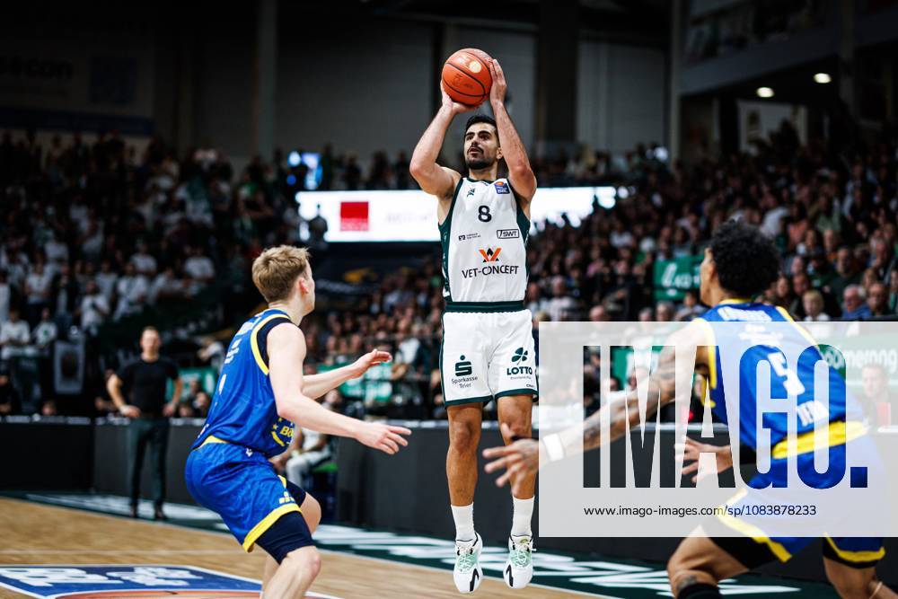 Behnam Yakhchali of the Gladiators Trier goes head-to-head with Raphael Falkenthal and Terrence Edwards of Science City Jena; action from the Vet Concept Gladiators Trier vs. Science City Jena game, basketball, easyCredit BBL, Matchday 2, 2026–2027 season, September 27, 2026: Vet Concept Gladiators Trier vs. Science City Jena, basketball, easyCredit BBL, Matchday 2, 2026–2027 season