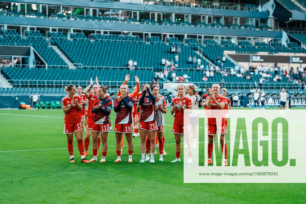 Germany, Soccer: 2026–2027 DFB Women s Cup, First Round: Borussia Mönchengladbach vs. FC Bayern Munich at Borussia Park; Bayern celebrates with fans, victory, cheering, celebration, fans, win, emotions