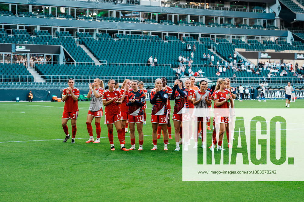 Germany, Soccer: 2026–2027 DFB Women s Cup, First Round: Borussia Mönchengladbach vs. FC Bayern Munich at Borussia Park; Bayern celebrates with fans, victory, cheering, celebration, fans, win, emotions