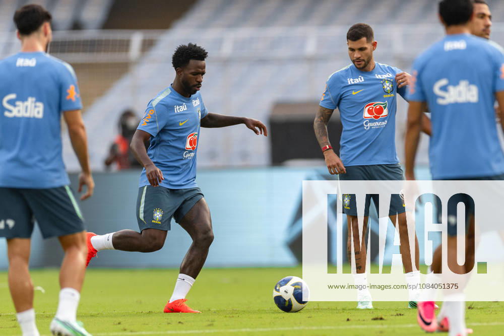 Vinicius Junior of Brazil shoots the ball as Bruno Guimaraes of Brazil looks on during pre match trainning session a head of the India football friendly 2026 match between India and Brazil at the Vivekananda Yuba Bharati Krirangan (VYBK) Stadium in Kolkata, India on 2nd October, 2026
