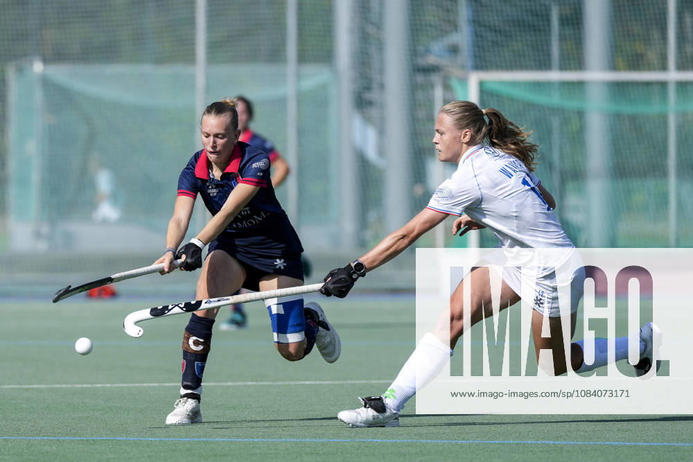 From left: Alessa Volkert (BHC), 7, captain; Ines Wanner (MHC), 12; tackle, game scene, duel, tackle, tackling, dynamism, action, 03 10 2026, Mannheim, Germany, hockey, 1st Bundesliga, women’s, Mannheimer HC vs. Berliner HC