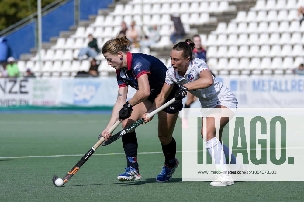 From left: Luzie Franz (BHC), 12, Agustina Habif (MHC), 5, tackle, game scene, duel, tackle, tackling, dynamic, action, October 3, 2026, Mannheim, Germany, hockey, 1st Bundesliga, women’s, Mannheimer HC vs. Berliner HC