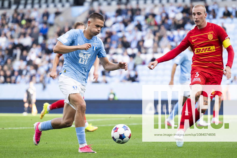Jovan Milosavljevic of Malmö FF and Tobias Salquist of FC Nordsjälland during the friendly match between Malmö FF and FC Nordsjälland on October 3, 2026 in Malmö. Photo by Avdo Bilkanovic, BILDBYRAN COP 115 AB0391. soccer, football, fotball, friendly match, Malmö FF, FC Nordsjälland, bbeng