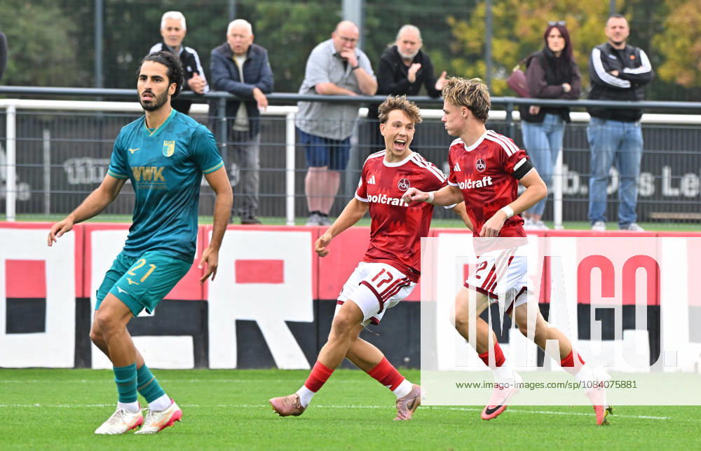 Soccer Season 2025–2026 Bavarian Regional League Matchday 12 1. FC Nürnberg II (FCN) vs. FC Augsburg 2 (FCA) MeZi Goal celebration Cheering Joy after a goal Goal Shot on goal to 1–0 by Luca Horst 42, 1 FC Nuremberg FCN II