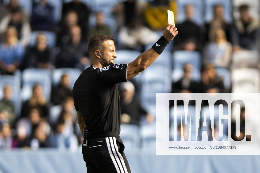 Referee Rinon Hasani showing a yellow card during the friendly match between Malmö FF and FC Nordsjælland on October 3, 2026 in Malmö. Photo by Avdo Bilkanovic, BILDBYRAN COP 115 AB0391. soccer, football, fotball, friendly match, Malmö FF, FC Nordsjälland, bbeng