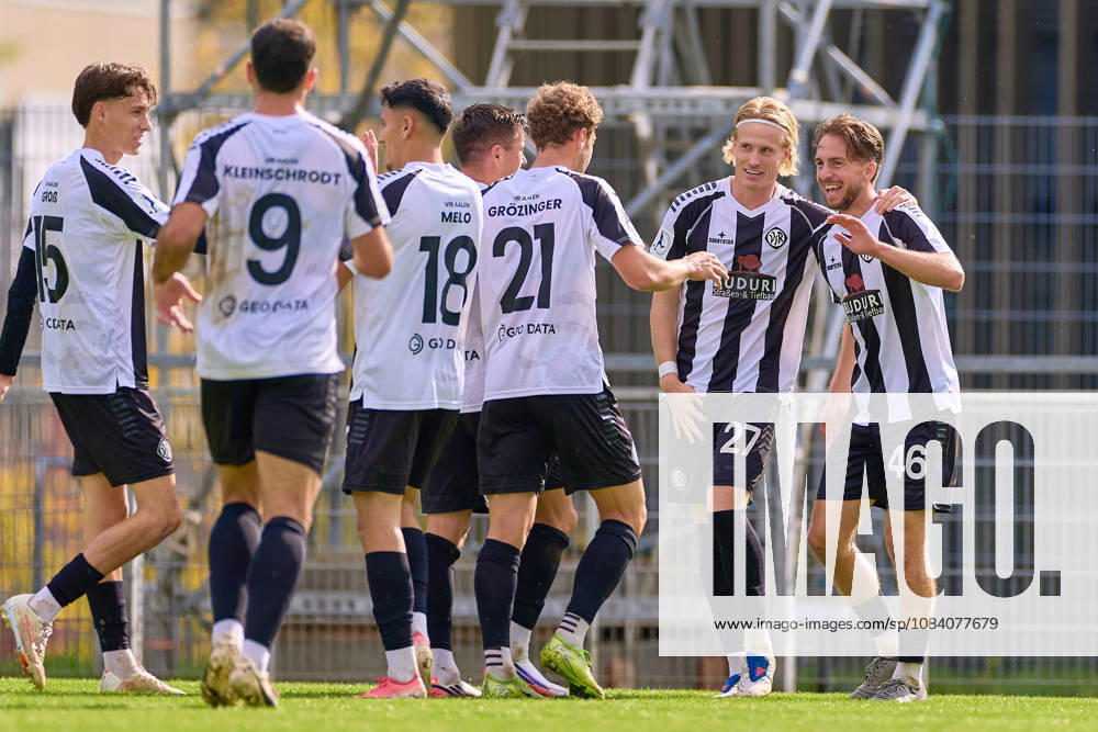 Aalen players celebrate a goal; Gianluca Gaudino (VfR Aalen), 46, celebrates his goal, which gave Aalen a 1–0 lead; Vico Meien (VfR Aalen), 27, congratulates him; VfR Aalen vs. FSV Frankfurt, soccer, Regionalliga Southwest Men, Matchday 10, 2026–2027 season, October 3, 2026, GER, VfR Aalen vs. FSV Frankfurt, soccer, Regionalliga Southwest Men, Matchday 10, 2026–2027 season, October 3, 2026, Aalen