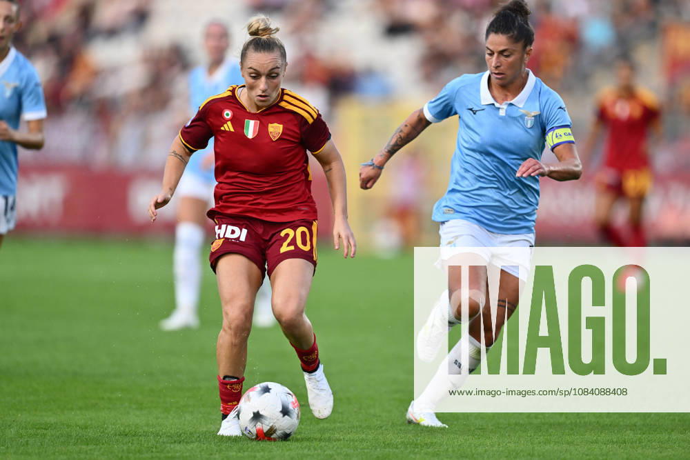 IPA89264951 - Giada Greggi of A.S. Roma Femminile and Antonietta Castiello of S.S. Lazio Women are in action during the Serie A Women Athora, Match Day 2, between A.S. Roma Women and S.S. Lazio Women, at the Tre Fontane Stadium on October 3, 2026, in Rome, Italy.