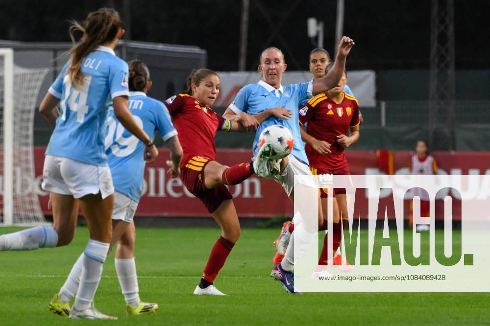 IPA89265753 - AS Roma s Manuela Giugliano battles for the ball with Lazio Women s Megan Connolly during the Italian Women s Serie A Athora 2026 2027 match between AS Roma Women and SS Lazio Women at Tre Fontane Stadium on October 3, 2026.