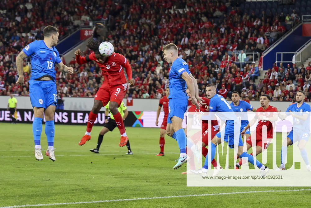 Johan Manzambi, Switzerland, No. 9 heading the ball, Switzerland, UEFA, Nations League, Matchday 3, Switzerland vs. Slovenia, October 3, 2026, Lucerne Swissporarena, Switzerland
