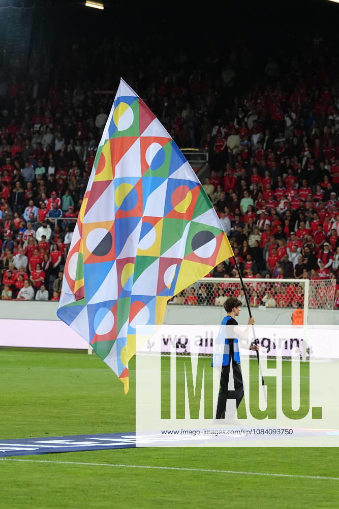 Flag of the UEFA Nations League before the UEFA Nations League match between Switzerland and Slovenia at thermoplan arena on October 03, 2026 in Luzern, Switzerland.