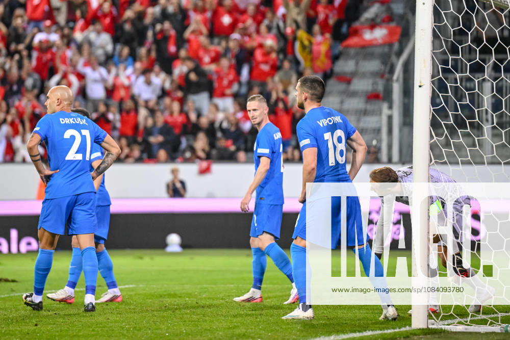 Zan Karnicnik of Slovenia and Zan Vipotnik of Slovenia look dejected during the UEFA Nations League 2026–27 group stage match between Switzerland and Slovenia at Luzern Arena on October 3, 2026, in Lucerne, Switzerland. Photo by Harry Langer, DeFodi Images