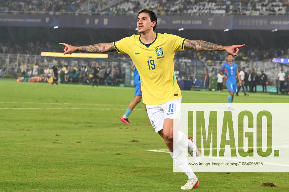 Pedro of Brazil celbraes a goal during FIFA International Friendly, Länderspiel, Nationalmannschaft match against India at Vivekananda Yuva Bharati Stadium on October 3, 2026 in Kolkata, India. (Photo by Samir Jana Hindustan Times ) Kolkata: FIFA International Friendly Match Between Brazil And India At Vivekananda Yuva Bharati Stadium