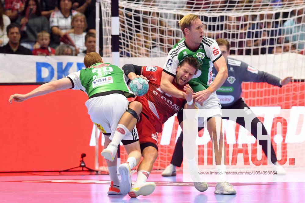 Olle Forsell Schefvert, MT Melsungen 25 (on the ball), Lukas Stutzke, TSV Hannover Burgdorf 39 (L), Marian Michalczik, TSV Hannover Burgdorf 22, GER, MT Melsungen vs. TSV Hannover Burgdorf, Handball, 1st Bundesliga, Matchday 7, 2026–2027 season, October 3, 2026, GER, MT Melsungen vs. Hannover Burgdorf, Handball, 1st Bundesliga, Matchday 7, 2026–2027 Season, October 3, 2026, Kassel
