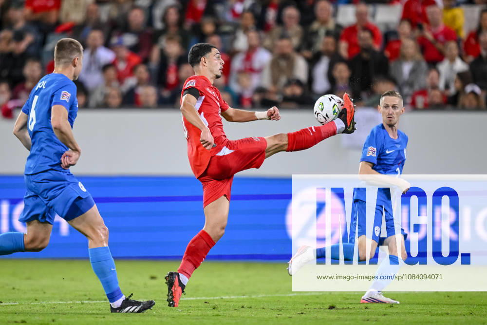 Jaka Bijol of Slovenia, Zeki Amdouni of Switzerland, and Zan Karnicnik of Slovenia battle for the ball during the UEFA Nations League 2026–27 group stage match between Switzerland and Slovenia at Luzern Arena on October 3, 2026, in Lucerne, Switzerland. Photo by Harry Langer, DeFodi Images