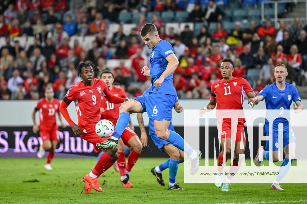 Johan Manzambi (Switzerland), Jaka Bijol (Slovenia), Dan Ndoye of Switzerland and Zan Karnicnik of Slovenia battle for the ball during the UEFA Nations League 2026–27 group stage match between Switzerland and Slovenia at Luzern Arena on October 3, 2026, in Lucerne, Switzerland. Photo by Harry Langer, DeFodi Images