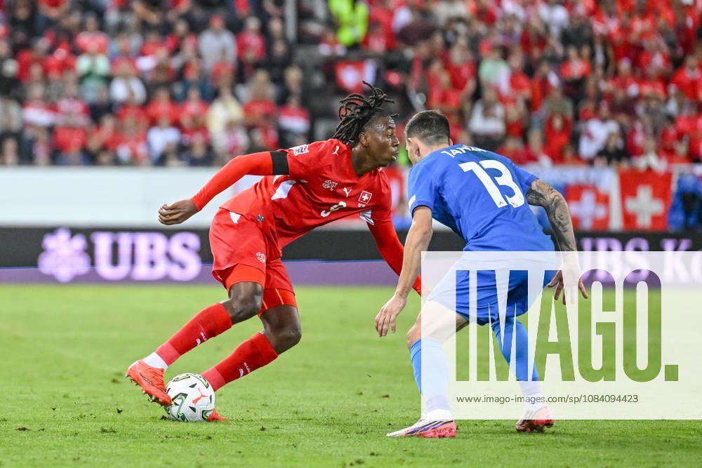 Johan Manzambi of Switzerland and Erik Janza of Slovenia battle for the ball during the UEFA Nations League 2026–27 group stage match between Switzerland and Slovenia at Luzern Arena on October 3, 2026, in Lucerne, Switzerland. Photo by Harry Langer, DeFodi Images