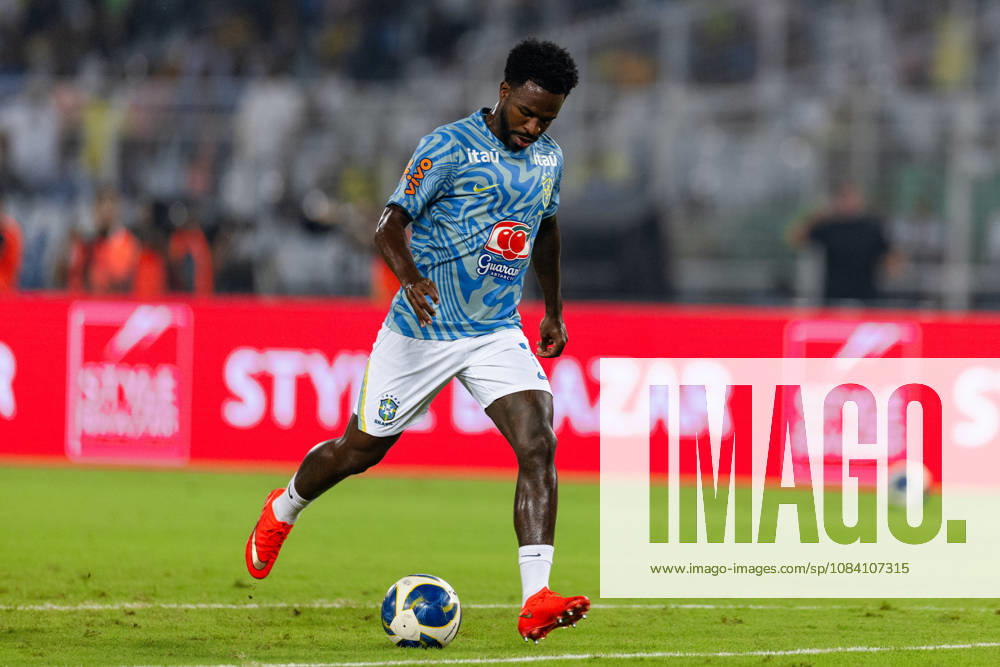 Vinicius Junior of Brazil dribbles during friendly match between India and Brazil at the Vivekananda Yuba Bharati Krirangan (VYBK) Stadium in Kolkata, India on 3rd October, 2026