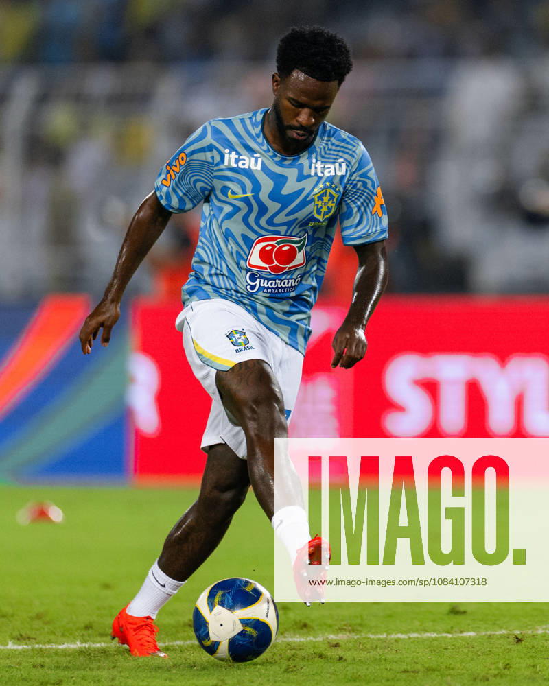 Vinicius Junior of Brazil dribbles the ball during friendly match between India and Brazil at the Vivekananda Yuba Bharati Krirangan (VYBK) Stadium in Kolkata, India on 3rd October, 2026