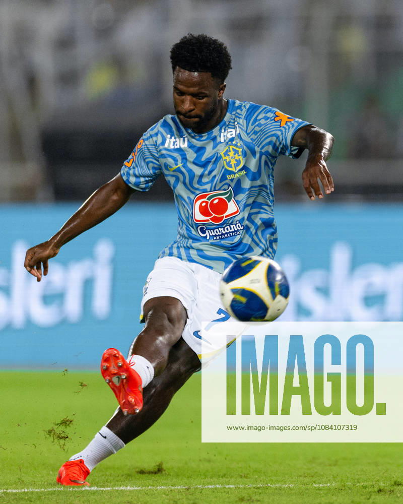 Vinicius Junior of Brazil shoots the ball during friendly match between India and Brazil at the Vivekananda Yuba Bharati Krirangan (VYBK) Stadium in Kolkata, India on 3rd October, 2026