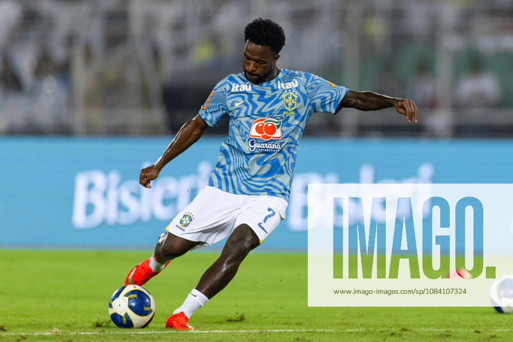 Vinicius Junior of Brazil shoots the ball during friendly match between India and Brazil at the Vivekananda Yuba Bharati Krirangan (VYBK) Stadium in Kolkata, India on 3rd October, 2026