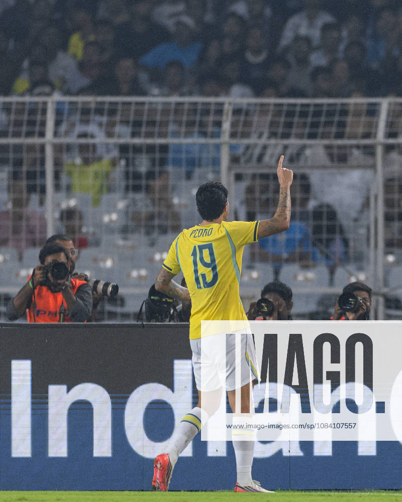Pedro Guilherme Abreu Dos Santos of Brazil celebrates after scoring during friendly match between India and Brazil at the Vivekananda Yuba Bharati Krirangan (VYBK) Stadium in Kolkata, India on 3rd October, 2026