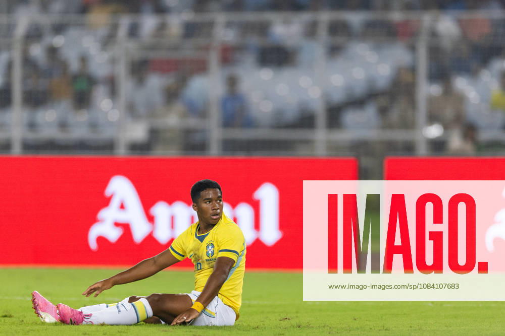 Endrick Felipe Moreira de Sousa of Brazil reacts during friendly match between India and Brazil at the Vivekananda Yuba Bharati Krirangan (VYBK) Stadium in Kolkata, India on 3rd October, 2026