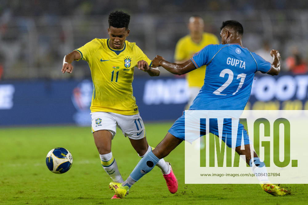 Estevao Willian Almeida de Oliveira Goncalves of Brazil controls the ball during friendly match between India and Brazil at the Vivekananda Yuba Bharati Krirangan (VYBK) Stadium in Kolkata, India on 3rd October, 2026