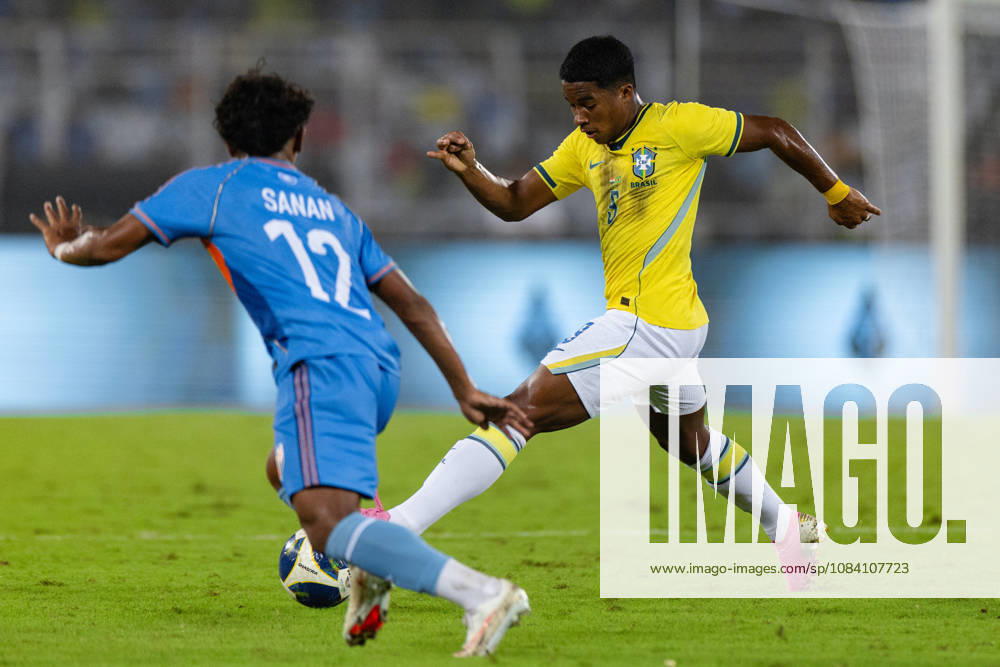 Endrick Felipe Moreira de Sousa of Brazil controls the ball during friendly match between India and Brazil at the Vivekananda Yuba Bharati Krirangan (VYBK) Stadium in Kolkata, India on 3rd October, 2026