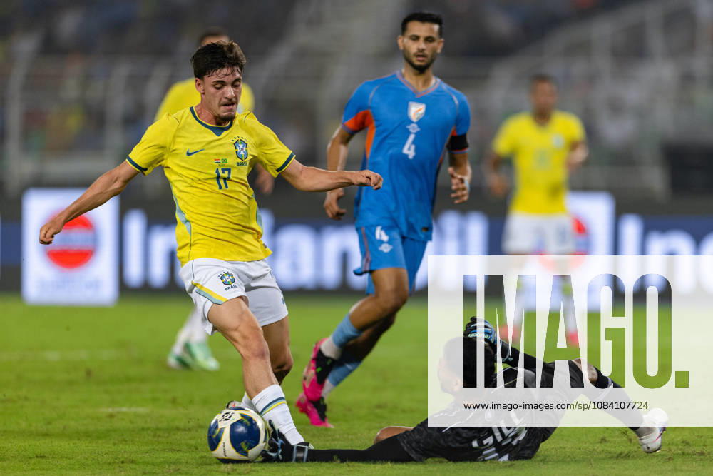 Breno de Souza Bidon of Brazil and Prabhsukhan Singh Gill of India duel for the ball during friendly match between India and Brazil at the Vivekananda Yuba Bharati Krirangan (VYBK) Stadium in Kolkata, India on 3rd October, 2026