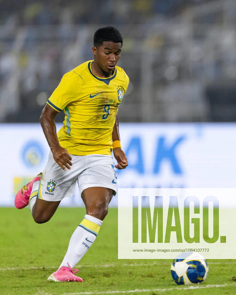 Endrick Felipe Moreira de Sousa of Brazil controls the ball during friendly match between India and Brazil at the Vivekananda Yuba Bharati Krirangan (VYBK) Stadium in Kolkata, India on 3rd October, 2026
