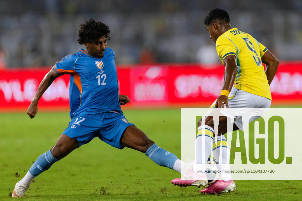 Endrick Felipe Moreira de Sousa of Brazil and Mohammed Sanan of India duel for the ball the ball during friendly match between India and Brazil at the Vivekananda Yuba Bharati Krirangan (VYBK) Stadium in Kolkata, India on 3rd October, 2026