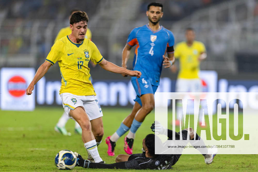 Breno de Souza Bidon of Brazil and Prabhsukhan Singh Gill of India duel for the ball during friendly match between India and Brazil at the Vivekananda Yuba Bharati Krirangan (VYBK) Stadium in Kolkata, India on 3rd October, 2026
