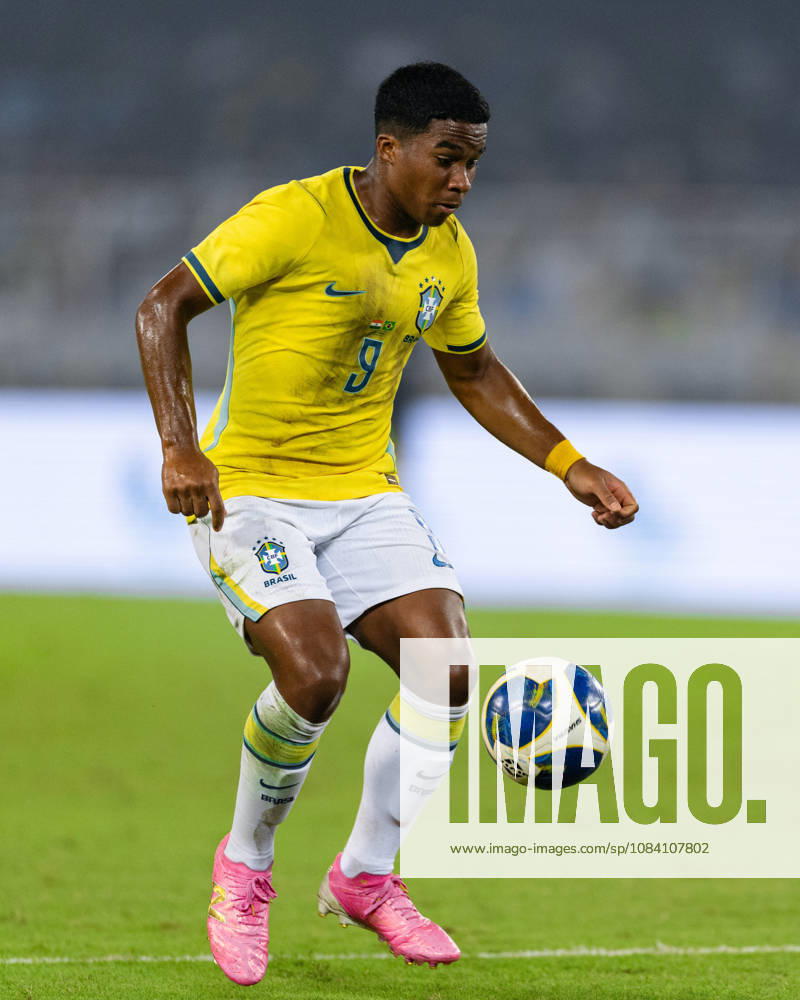 Endrick Felipe Moreira de Sousa of Brazil controls the ball during friendly match between India and Brazil at the Vivekananda Yuba Bharati Krirangan (VYBK) Stadium in Kolkata, India on 3rd October, 2026