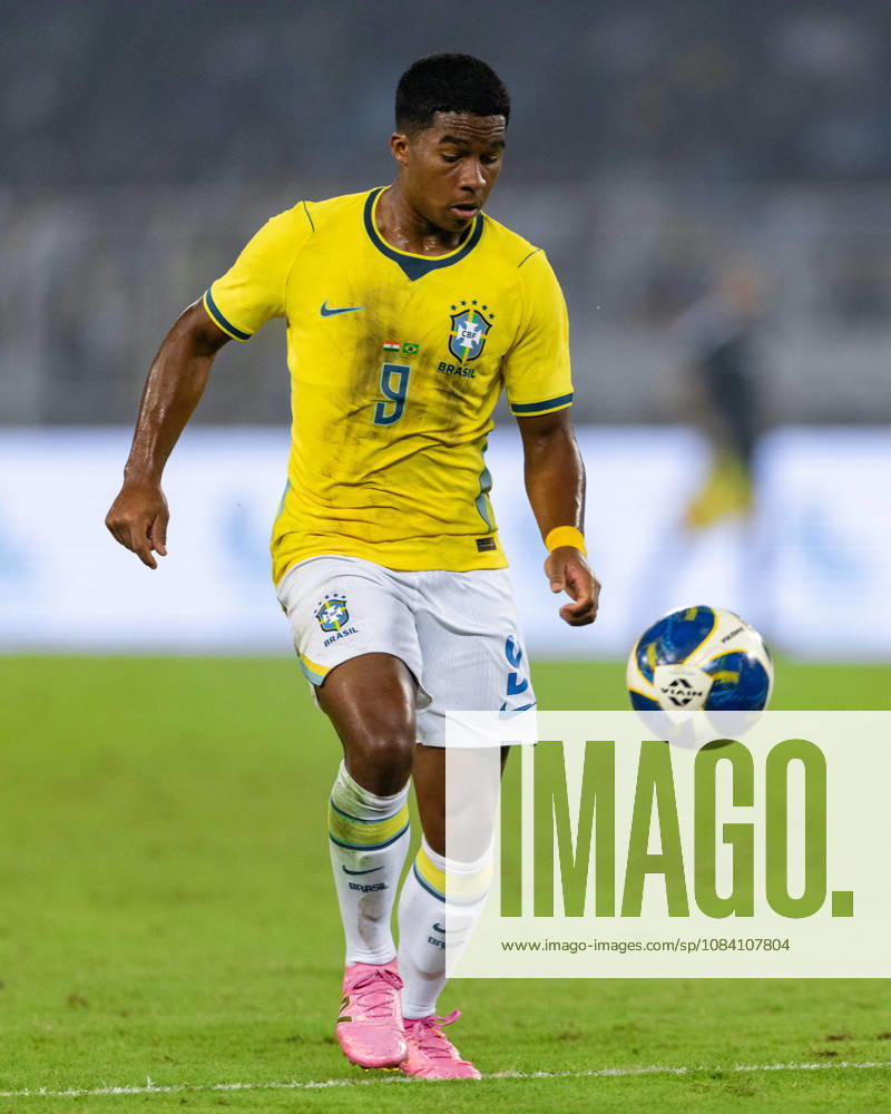 Endrick Felipe Moreira de Sousa of Brazil controls the ball during friendly match between India and Brazil at the Vivekananda Yuba Bharati Krirangan (VYBK) Stadium in Kolkata, India on 3rd October, 2026