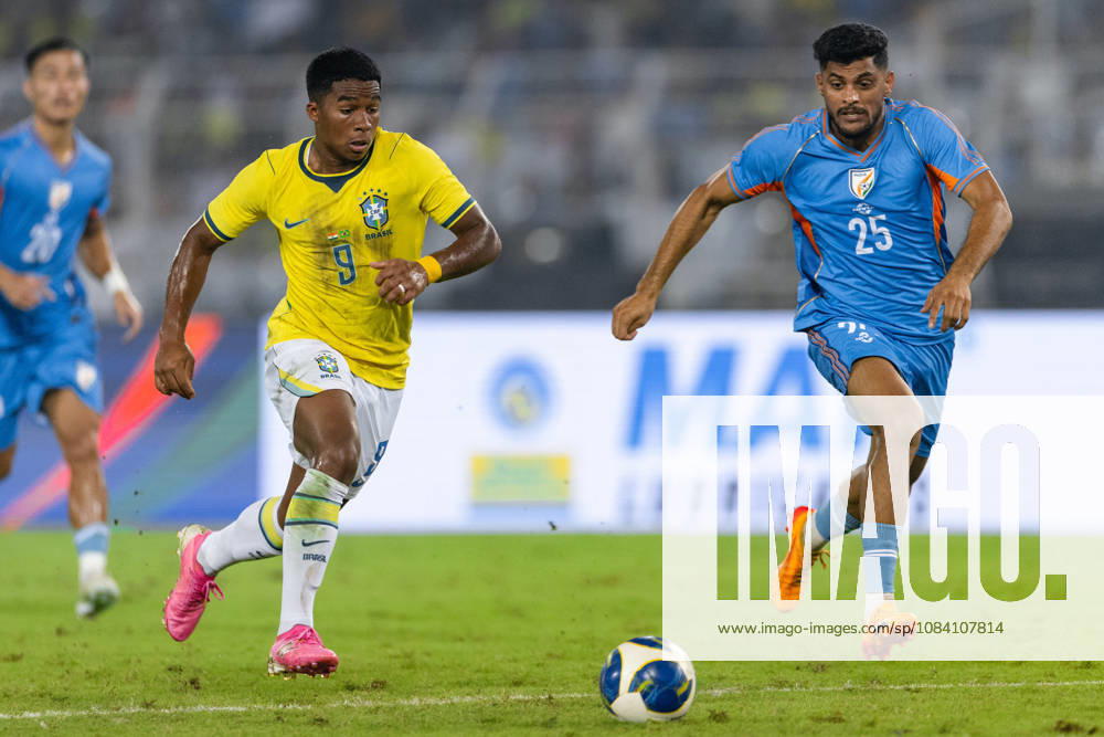 Endrick Felipe Moreira de Sousa of Brazil and Mehtab Singh of India duel for the ball during friendly match between India and Brazil at the Vivekananda Yuba Bharati Krirangan (VYBK) Stadium in Kolkata, India on 3rd October, 2026