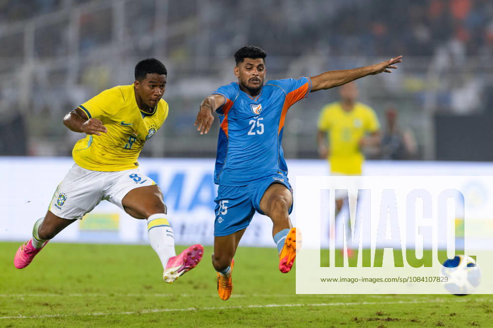 Endrick Felipe Moreira de Sousa of Brazil and Mehtab Singh of India duel for the ball during friendly match between India and Brazil at the Vivekananda Yuba Bharati Krirangan (VYBK) Stadium in Kolkata, India on 3rd October, 2026