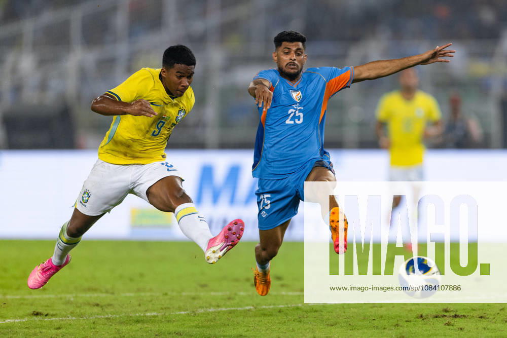 Endrick Felipe Moreira de Sousa of Brazil and Mehtab Singh of India duel for the ball during friendly match between India and Brazil at the Vivekananda Yuba Bharati Krirangan (VYBK) Stadium in Kolkata, India on 3rd October, 2026