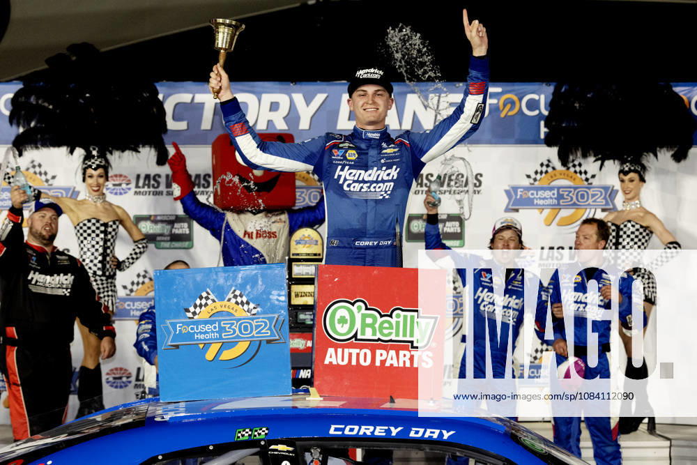 LAS VEGAS, CA - OCTOBER 03: Corey Day ( 17 Hendrick Motorsports HendrickCars.com Chevrolet) celebrates in victory lane after winning the Focused Health 302 NASCAR, Motorsport, USA OReilly Auto Parts Series race on October 3, 2026, at Las Vegas Motor Speedway in Las Vegas, NV. (Photo by Jeff Speer LVMS Icon Sportswire) AUTO: OCT 03 NASCAR OReilly Auto Parts Series Focused Health 302 Icon26100312561