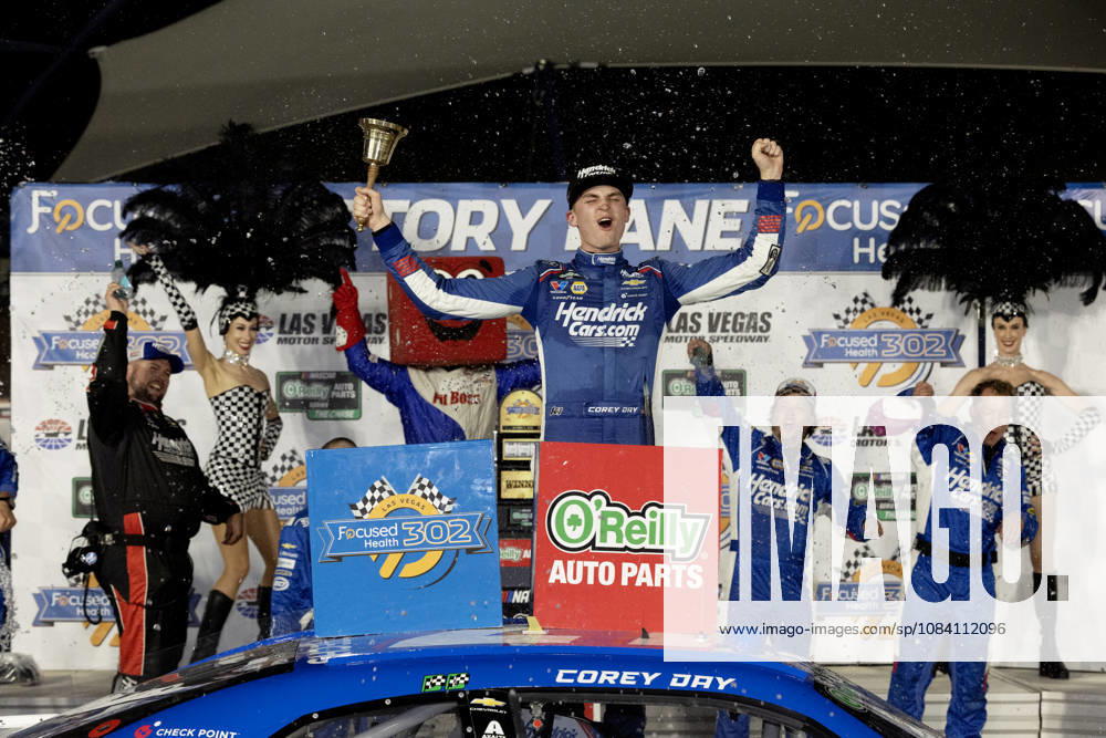 LAS VEGAS, CA - OCTOBER 03: Corey Day ( 17 Hendrick Motorsports HendrickCars.com Chevrolet) celebrates in victory lane after winning the Focused Health 302 NASCAR, Motorsport, USA OReilly Auto Parts Series race on October 3, 2026, at Las Vegas Motor Speedway in Las Vegas, NV. (Photo by Jeff Speer LVMS Icon Sportswire) AUTO: OCT 03 NASCAR OReilly Auto Parts Series Focused Health 302 Icon26100312565