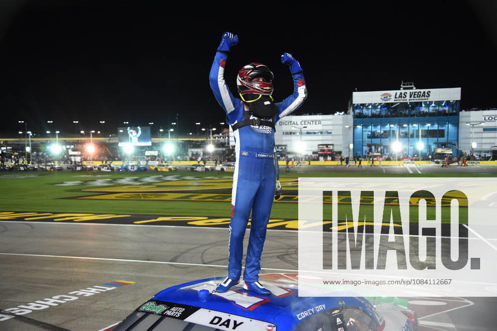 LAS VEGAS, NV - OCTOBER 03: Corey Day ( 17 Hendrick Motorsports HendrickCars.com Chevrolet) climbs on top of his car to celebrate winning the race during the NASCAR, Motorsport, USA OÕReilly Auto Parts Series Focused Health 302 on October 03, 2026, at Las Vegas Motor Speedway in Las Vegas, NV. (Photo by Chris Williams LVMS Icon Sportswire) AUTO: OCT 03 NASCAR OÕReilly Auto Parts Series Focused Health 302 Icon0072610031158