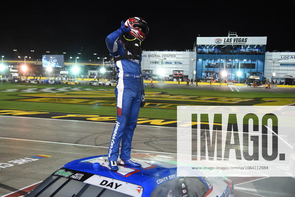 LAS VEGAS, NV - OCTOBER 03: Corey Day ( 17 Hendrick Motorsports HendrickCars.com Chevrolet) climbs on top of his car and gets the crowd to react to celebrate winning the race during the NASCAR, Motorsport, USA OÕReilly Auto Parts Series Focused Health 302 on October 03, 2026, at Las Vegas Motor Speedway in Las Vegas, NV. (Photo by Chris Williams LVMS Icon Sportswire) AUTO: OCT 03 NASCAR OÕReilly Auto Parts Series Focused Health 302 Icon0072610031162