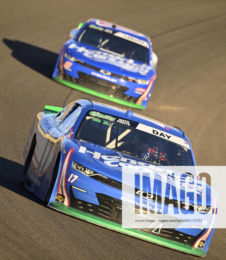 LAS VEGAS, NV - OCTOBER 03: Corey Day ( 17 Hendrick Motorsports HendrickCars.com Chevrolet) races out of turn 4 as he is followed by his teammate Rajah Caruth ( 88 JR Motorsports HendrickCars.com Chevrolet) during the middle laps of the NASCAR, Motorsport, USA OReilly Auto Parts Series Focused Health 302 playoff race at Las Vegas Motor Speedway Saturday Oct. 3, 2026 in Las Vegas, Nevada. (Photo by Will Lester Icon Sportswire) AUTO: OCT 03 NASCAR OReilly Auto Parts Series Focused Health 302 Icon26100335572
