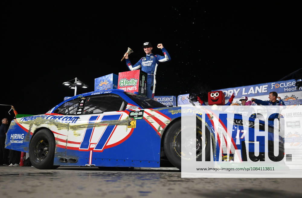 LAS VEGAS, NV - OCTOBER 03: Corey Day ( 17 Hendrick Motorsports HendrickCars.com Chevrolet) celebrates in victory lane after winning the NASCAR, Motorsport, USA OReilly Auto Parts Series Focused Health 302 playoff race at Las Vegas Motor Speedway Saturday Oct. 3, 2026 in Las Vegas, Nevada. (Photo by Will Lester Icon Sportswire) AUTO: OCT 03 NASCAR OReilly Auto Parts Series Focused Health 302 Icon26100355902