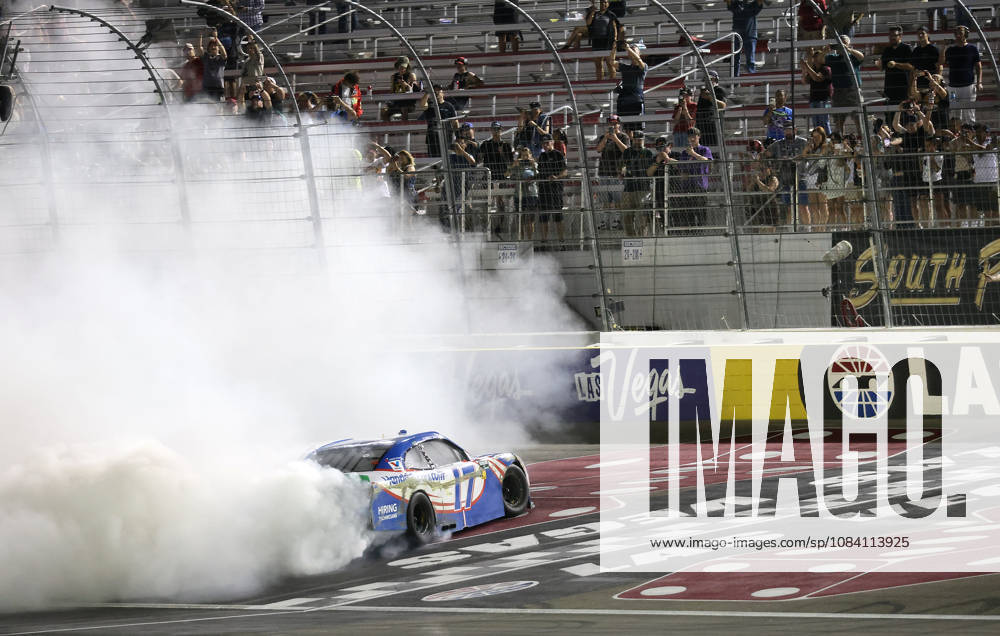LAS VEGAS, NV - OCTOBER 03: Corey Day ( 17 Hendrick Motorsports HendrickCars.com Chevrolet) does a burnout after winning the NASCAR, Motorsport, USA OReilly Auto Parts Series Focused Health 302 on Saturday, Oct. 3, 2026, at the Las Vegas Motor Speedway in Las Vegas, NV. (Photo by Marc Sanchez Icon Sportswire) AUTO: OCT 03 NASCAR OReilly Auto Parts Series Focused Health 302 Icon1442610034133