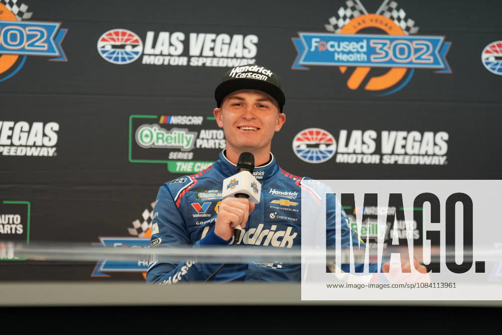 LAS VEGAS, CA - OCTOBER 03: Corey Day ( 17 Hendrick Motorsports HendrickCars.com Chevrolet) answers questions from the media after winning the Focused Health 302 NASCAR, Motorsport, USA OReilly Auto Parts Series race on October 3, 2026, at Las Vegas Motor Speedway in Las Vegas, NV. (Photo by Jack Geissinger LVMS Icon Sportswire) AUTO: OCT 03 NASCAR OReilly Auto Parts Series Focused Health 302 Icon26100319655