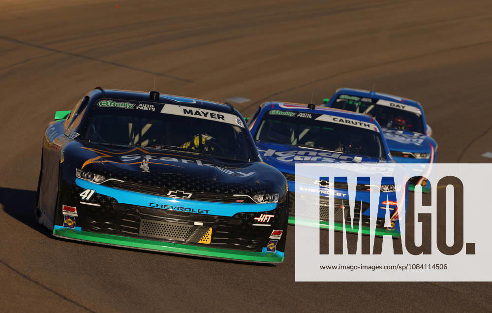 LAS VEGAS, NV - OCTOBER 03: Sam Mayer ( 41 Haas Factory Team Starkey Omega A.I.+ Chevrolet), Rajah Caruth ( 88 JR Motorsports Hendrick Cars.com Chevrolet) and Corey Day ( 17 Hendrick Motorsports HendrickCars.com Chevrolet) race for the lead during the NASCAR, Motorsport, USA OReilly Auto Parts Series Focused Health 302 race on Saturday, Oct. 3, 2026, at the Las Vegas Motor Speedway in Las Vegas, NV. (Photo by Marc Sanchez Icon Sportswire) AUTO: OCT 03 NASCAR OReilly Auto Parts Series Focused Health 302 Icon1442610032813